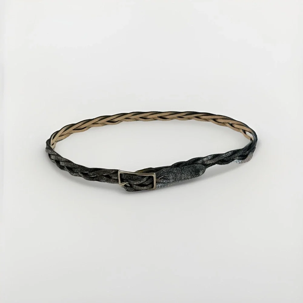 Braided Metallic Leather Women's Belt Silver Shimmer Boho Chic‎ Festival